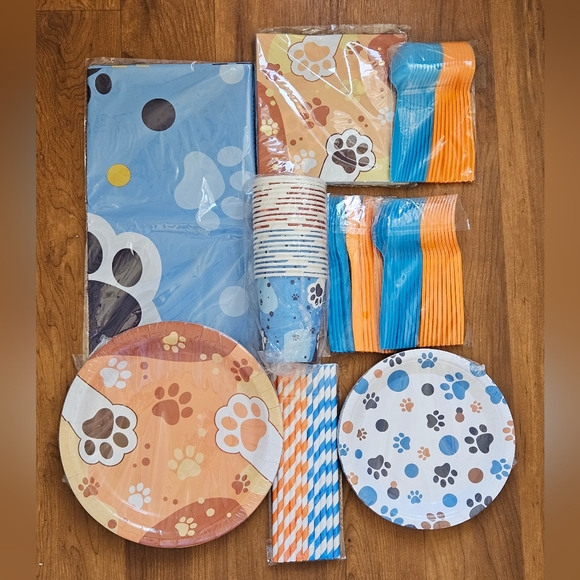 New! Paw Print Party Supplies Set - Blue, Orange, and Brown - Picture 1 of 3